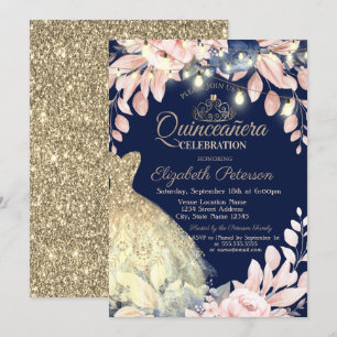 Invitation Robe à paillettes dorées, Tiara Floral Quinceañera