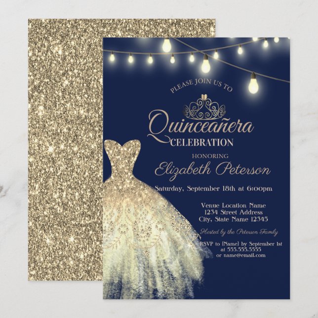 Invitation Robe à paillettes dorées, Tiara Quinceañera (Devant / Derrière)