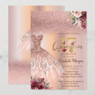 Invitation Robe à paillettes en or rose chic Fleur Quinceañer