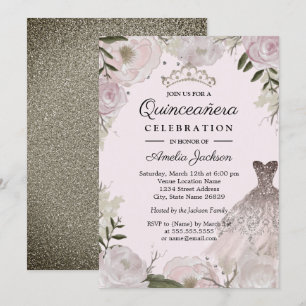 Invitation Robe à paillettes en or rose clair Quinceanera flo
