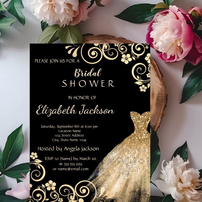 Invitation Robe à paillettes fleurs or chic douche de mariée (Créateur téléchargé)