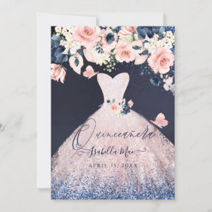 Invitation Robe à paillettes florales Quinceanera bleu marine