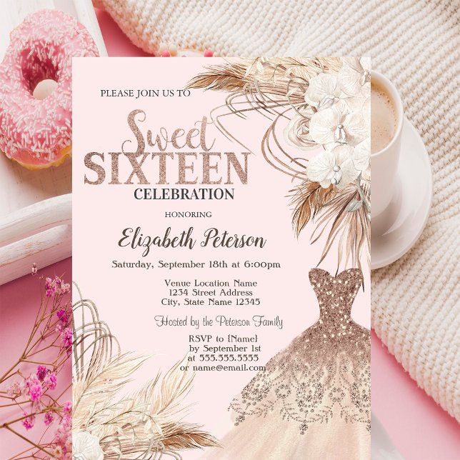 Invitation Robe à paillettes, herbe de Pampas, fleurs boho Sw (Créateur téléchargé)