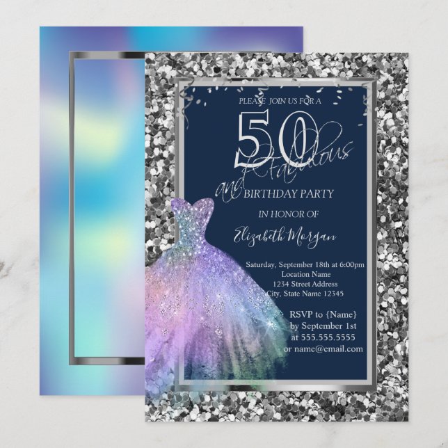 Invitation Robe à paillettes holographiques pour 50 ans (Devant / Derrière)