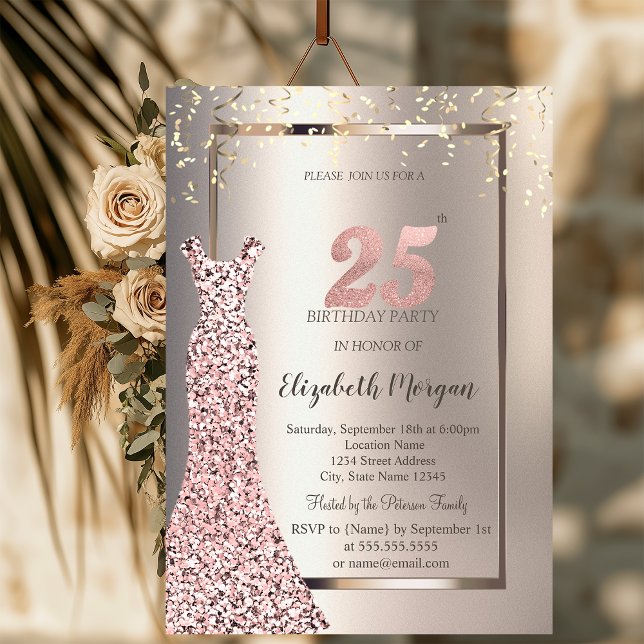 Invitation Robe à Paillettes Or Rose et Anniversaire 25 Ans I (Créateur téléchargé)