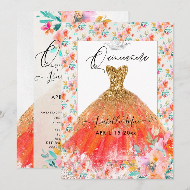 Invitation Robe à paillettes orange pour Quinceanera Fleurs a (Devant / Derrière)