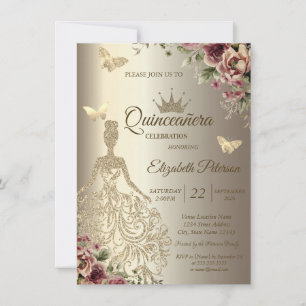Invitation Robe à paillettes, papillon floral or Quinceañera