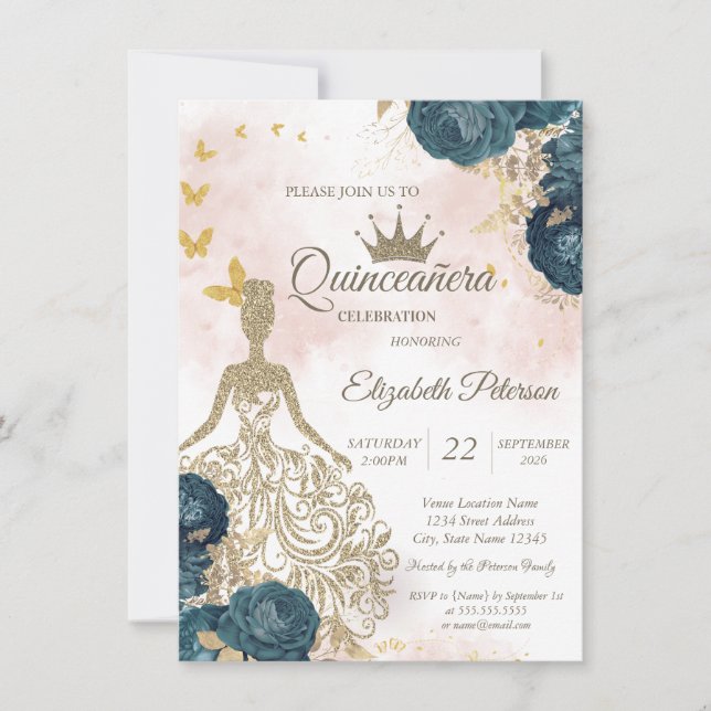 Invitation Robe à paillettes, Papillons dorés Roses vertes 15 (Devant)