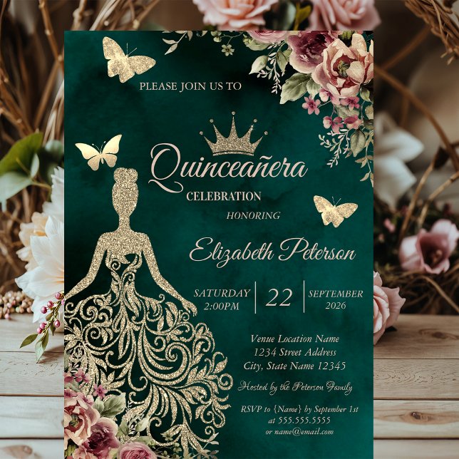 Invitation Robe à paillettes, Quinceañera florale papillon ve (Créateur téléchargé)