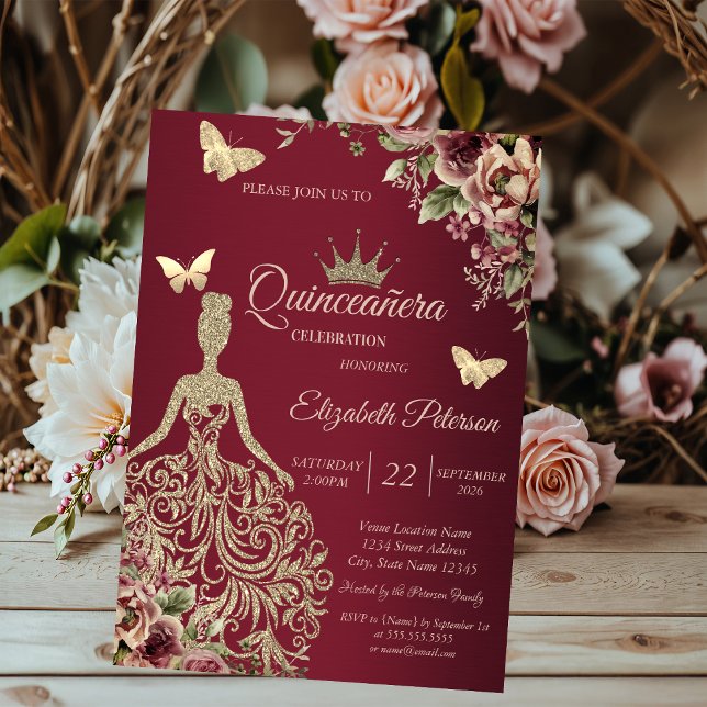 Invitation Robe à paillettes, Quinceañera rouge floral papill (Créateur téléchargé)