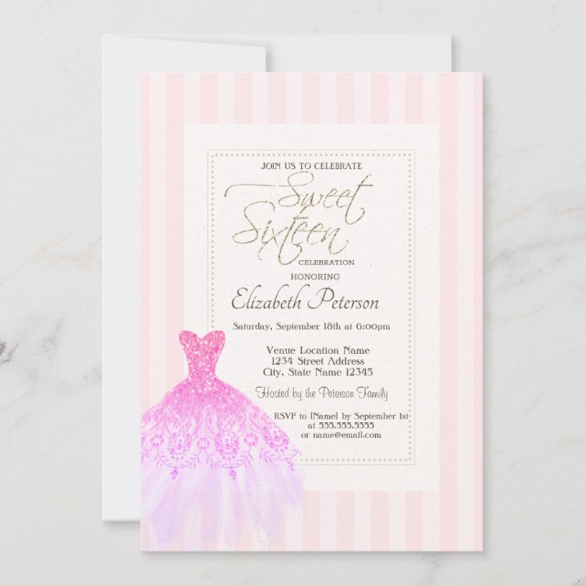 Invitation Robe à paillettes rayures roses Sweet 16 (Devant)
