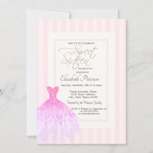 Invitation Robe à paillettes rayures roses Sweet 16