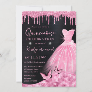 Invitation Robe à paillettes rose bébé aquarelle Quinceanera