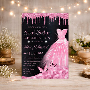 Invitation Robe à paillettes rose bébé aquarelle Sweet Sixtee