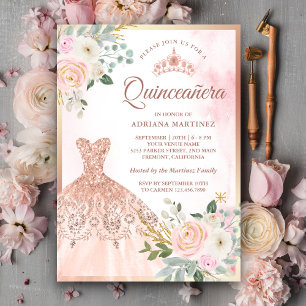 Invitation Robe à paillettes rose floral doré pour Quinceaner