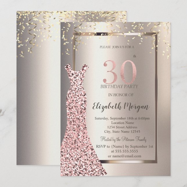 Invitation Robe à paillettes Rose Gold Ivory 30e Anniversaire (Devant / Derrière)
