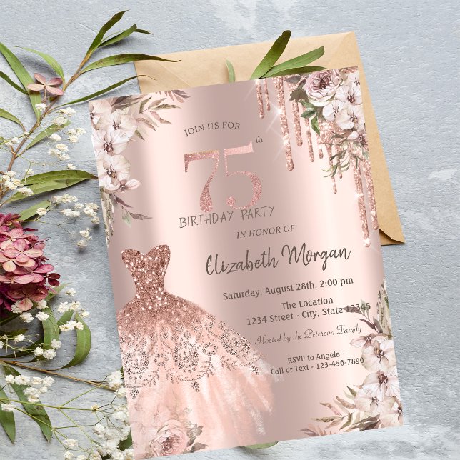 Invitation Robe à paillettes rose gold pour 75e anniversaire  (Créateur téléchargé)
