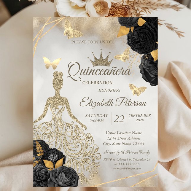 Invitation Robe à paillettes, Roses noires papillon Quinceañe (Créateur téléchargé)