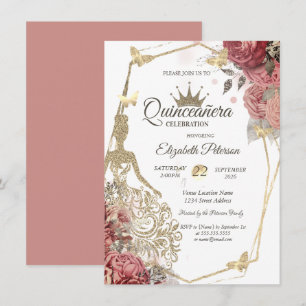 Invitation Robe à paillettes, Roses papillon Blush Quinceañer