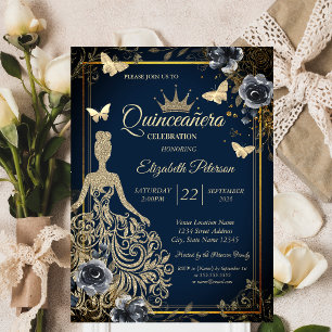 Invitation Robe à paillettes, Roses papillons Bleu marineQuin