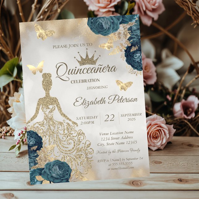 Invitation Robe à paillettes, Roses Vertes Papillon 15e Anniv (Créateur téléchargé)