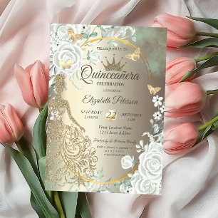 Invitation Robe à paillettes, Roses Vertes Papillon Quinceañe