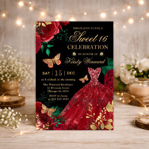 Invitation Robe à paillettes rouges aquarelle & Roses Sweet S