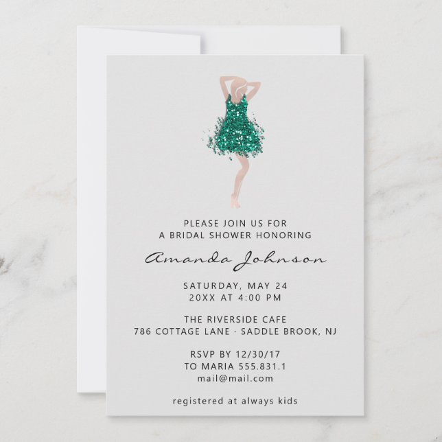 Invitation Robe à paillettes sarcelle pour fête de fiançaille (Devant)