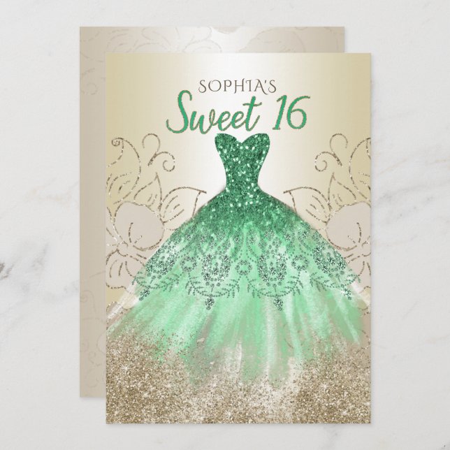 Invitation Robe à paillettes verte et or pour les 16 ans  (Devant / Derrière)