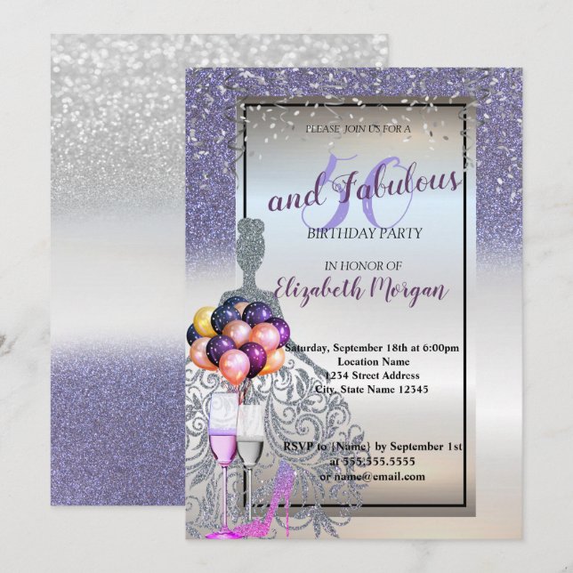 Invitation Robe à paillettes Violet Argenté, Fête des 50 ans (Devant / Derrière)