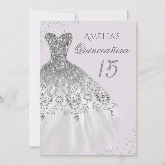 Invitation Robe à paillettes violette argentée pour Quinceañe (Devant)