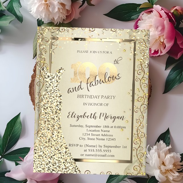 Invitation Robe à sequins chic or 100e anniversaire (Créateur téléchargé)