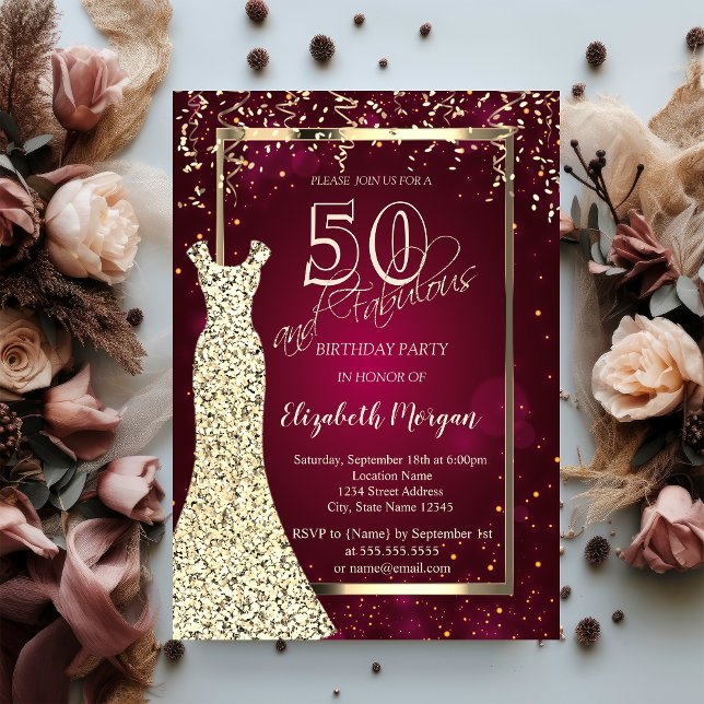 Invitation Robe à sequins dorés pour 50e anniversaire bordeau (Créateur téléchargé)
