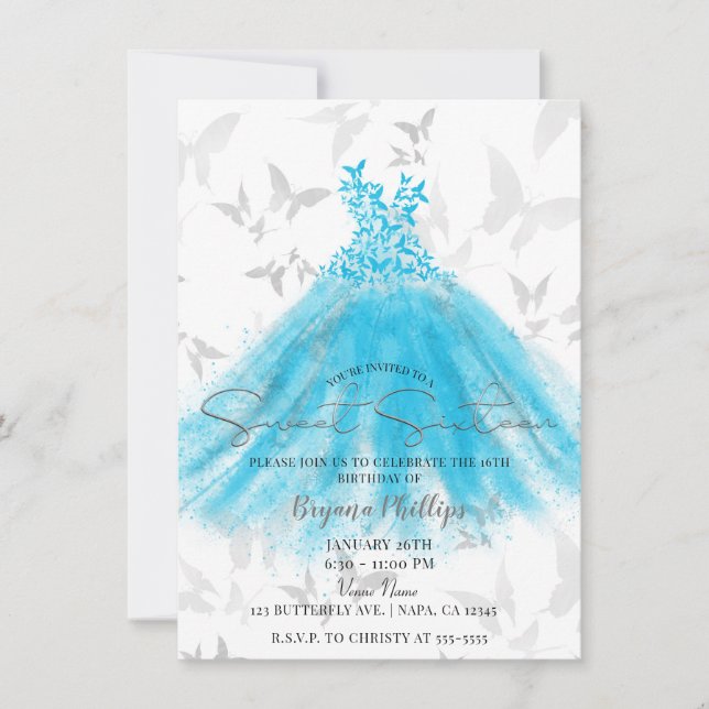 Invitation Robe Aqua Blue Danse Papillon Sweet 16 Soiree (Devant)