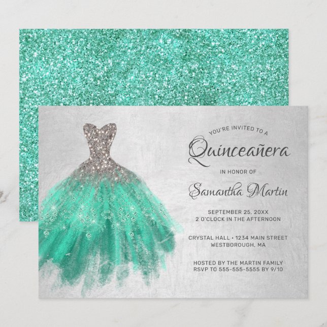 Invitation Robe Aqua en argent Quinceanera à la soirée Turquo (Devant / Derrière)