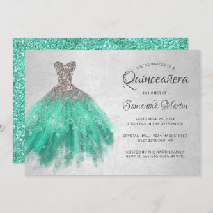 Invitation Robe Aqua en argent Quinceanera à la soirée Turquo
