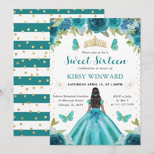 Invitation Robe Aqua et Sarcelle Princesse à Peau Noire Sweet (Devant / Derrière)