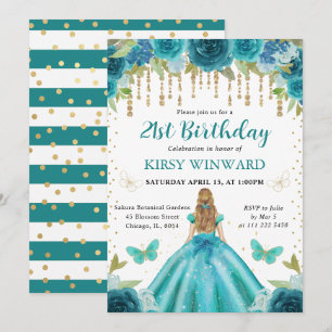 Invitation Robe Aqua et Sarcelle Princesse Blonde 21e Anniver