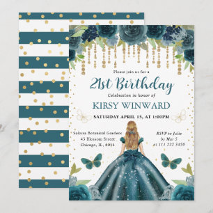 Invitation Robe Aqua Foncé Princesse aux Cheveux Blonds Anniv