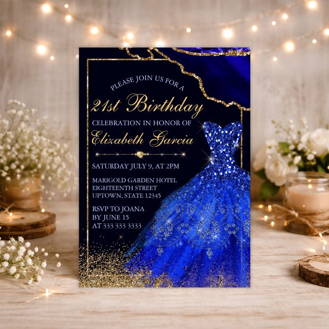 Invitation Robe aquarelle bleue & agate 21ème anniversaire (Créateur téléchargé)