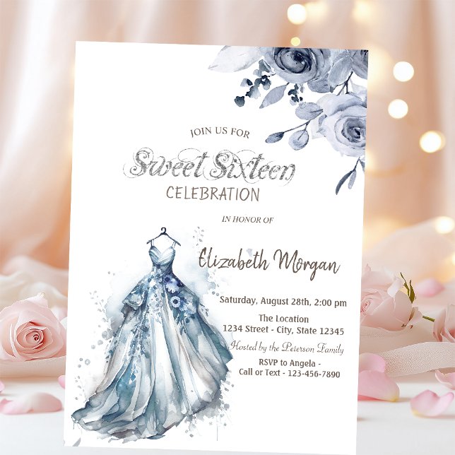 Invitation Robe aquarelle bleue Roses bleues Sweet 16 (Créateur téléchargé)