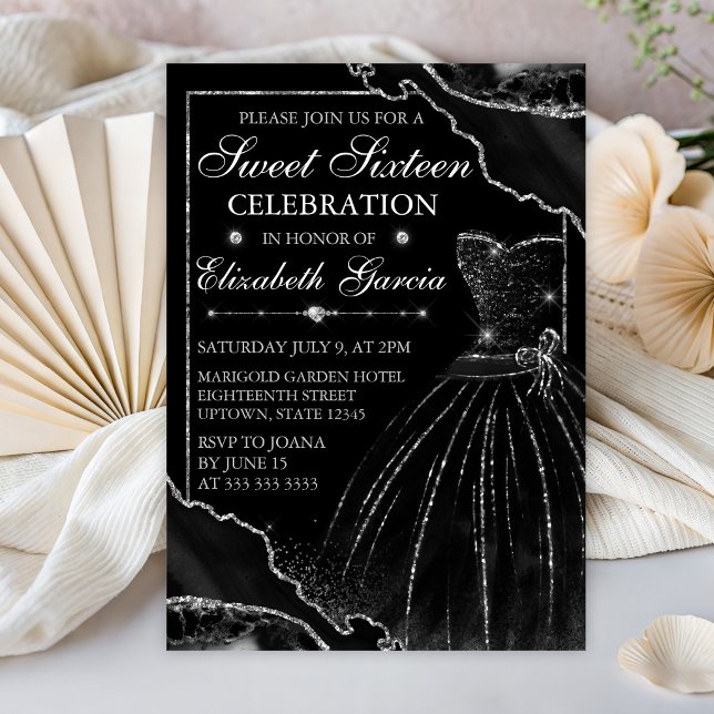 Invitation Robe aquarelle noire & Sweet 16 agate pailletée (Créateur téléchargé)