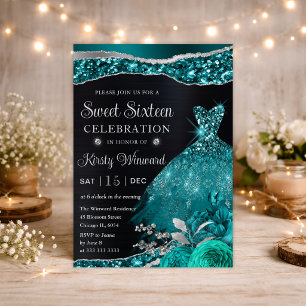 Invitation Robe aquarelle turquoise paillettes argent pour Sw
