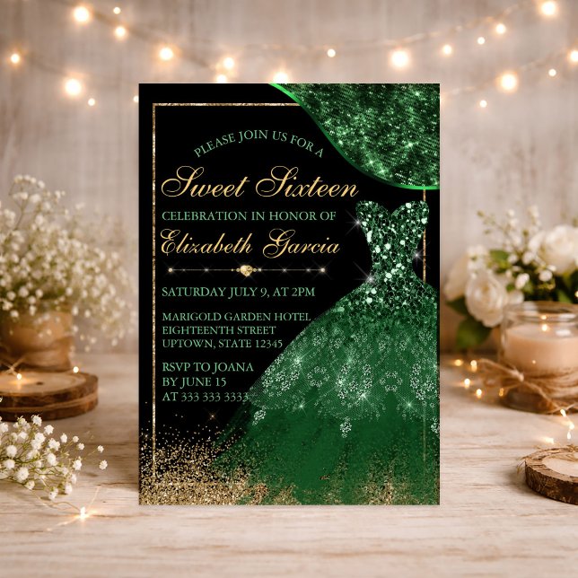 Invitation Robe aquarelle vert foncé & bordure vagues Sweet 1 (Créateur téléchargé)