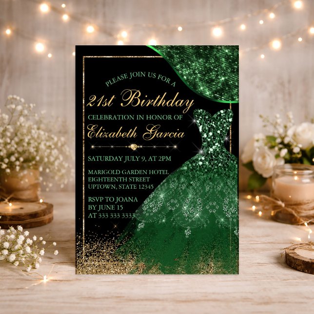 Invitation Robe aquarelle verte foncée 21e anniversaire (Créateur téléchargé)