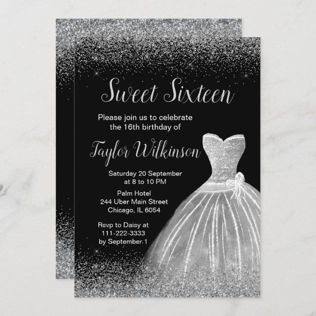 Invitation Robe Argent Faux Parties scintillant Douce 16 Anni (Devant / Derrière)