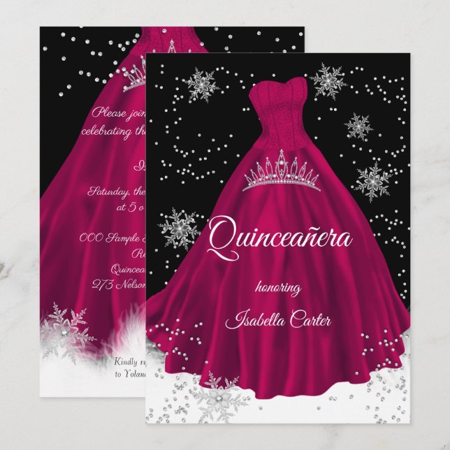 Invitation Robe argent flocon de neige rose Bourgogne pour Qu (Devant / Derrière)