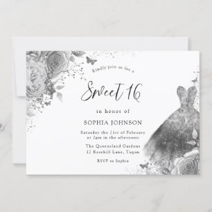 Invitation Robe Argent & Gris Floral Sweet 16 Party