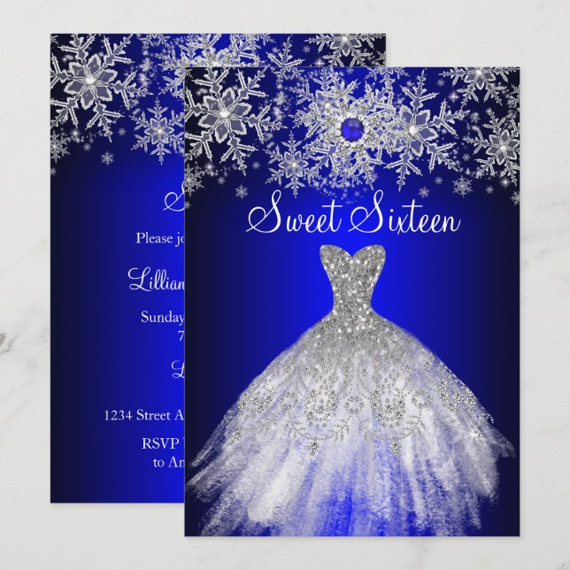 Invitation Robe argent perle bleu royal flocon de neige Sweet (Devant / Derrière)