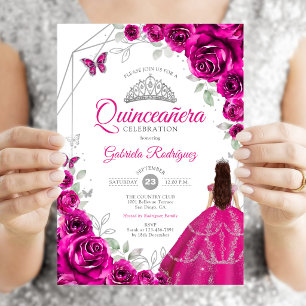 Invitation Robe argent rose fuchsia pour Quinceanera